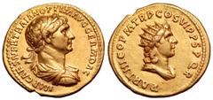Roman Imperial Trajan AV Aureus. Rome, AD 116-117. IMP CAES NER TRAIAN OPTIM AVG GERM DAC, laureate, draped and cuirassed bust right, seen from behind / PARTHICO P M TR P P COS VI P P SPQR, radiate an