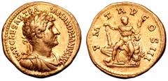 Roman Imperial Hadrian AV Aureus. Rome, AD 119-122. IMP CAESAR TRAIAN HADRIANVS AVG, laureate, draped and cuirassed bust right / P M TR P COS III, Hercules seated facing, on shield and cuirass, holdin