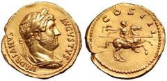 Roman Imperial Hadrian AV Aureus. Rome, AD 125-128. HADRIANVS AVGVSTVS, laureate, draped and cuirassed bust right / COS III, Hadrian on horseback galloping right, holding couched lance, cloak billowin