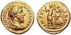 Roman Imperial Marcus Aurelius AV Aureus. Rome, AD 172. M ANTONINVS AVG TR P XXVI, laureate, draped and cuirassed bust right / IMP VI COS III, Marcus Aurelius in military dress standing to left, holdi