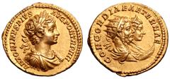 Roman Imperial Caracalla AV Aureus. Rome, AD 201. ANTONINVS PIVS AVG PON TR P IIII, laureate, draped and cuirassed bust right / CONCORDIAE AETERNAE, jugate busts right of Septimius Severus, radiate an