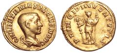 Roman Imperial Herennius Etruscus, as Caesar, AV Aureus. Rome, AD 250-251. Q HER ETR MES DECIVS NOB C, bare-headed and draped bust right / PRINCIPI IVVENTVTIS, Herennius Etruscus standing left, holdin