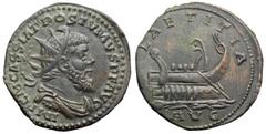 Roman Imperial Postumus Ӕ Double Sestertius. Lugdunum, AD 261. IMP C M CASS LAT POSTVMVS P F AVG, radiate,draped and cuirassed bust right / LAETITIA AVG, galley right with four rowers. RIC 143; Bastie