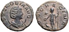 Roman Imperial Zenobia Æ Antoninianus. Antioch, March-May AD 272. S ZENOBIA AVG, draped bust right, wearing stephane, set on crescent / IVNO REGINA, Juno standing left, holding patera and sceptre, pea