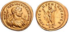 Roman Imperial Diocletian AV Aureus. Rome, AD 284-293/4. VIRTVS DIOCLETIANI AVG, laureate, draped and cuirassed bust right, holding spear in right hand, left hand holding strap of ornamented shield an