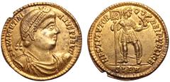 Roman Imperial Valentinian I Fourrée Solidus. Contemporary imitation of Sirmium, circa AD 364. D N VALENTINIANVS P F AVG, pearl-diademed, draped and cuirassed bust right / RESTITVTOR REIPVBLICAE, Empe