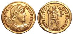 Roman Imperial Valentinian I AV Solidus. Nicomedia, AD 364. D N VALENTINIANVS P F AVG, pearl-diademed, draped and cuirassed bust right / RESTITVTOR REIPVBLICAE, Emperor standing facing, head right, ho