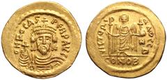 Byzantine Phocas AV Solidus. Constantinople, circa AD 602-610. O N FOCAS PERP AVC, draped and cuirassed bust facing holding globus cruciger, wearing crown with pendilia / VICTORIA AVCC Δ, angel standi