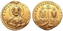 Byzantine Nicephorus II, with Basil II, AV Solidus. Constantinople, AD 963-969 . + IҺS XPS REX REGNANTIVM, facing bust of Christ Pantokrator / NIKHΦOP KAI BACIΛ' AVΓ, RP', crowned facing busts of Nice