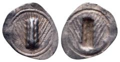 Greek Lucania, Metapontion AR Hemiobol. Circa 530-510 BC. Ear of barley; ME to left / Incuse ear of barley. SNG ANS -; Noe -; Künker 97, 113 (correction: hemiobol). 0.17g, 11mm, 12h. Good Very Fine. L