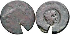 Greek Sicily, Akragas Æ Hemilitron – Hexonkion. Circa 425-406 BC. [Eagle standing right on fish] / [Crab holding serpent in left claw; six pellets (mark of value) around, octopus and conch shell below