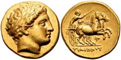 Greek Kingdom of Macedon, Philip III Arrhidaios AV Stater. Pella, circa 323-317 BC. Struck under Antipater or Polyperchon in the types of Philip II. Head of Apollo right, wearing laurel wreath / ΦIΛIΠ