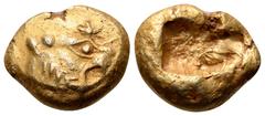 Greek Kingdom of Lydia, Alyattes EL Trite. Sardes, circa 610-546 BC. Head of roaring lion to right, sunburst with multiple rays on forehead / Two incuse square punches of unequal size. Traité II/1, 44