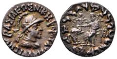 Greek Baktria, Indo-Greek Kingdom. Antialkidas Nikephoros AR Drachm. Circa 130-120 BC. Diademed and draped bust right, wearing crested helmet decorated with bull's horn and ear / Zeus Nikephoros seate