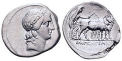 Roman Imperatorial Octavian AR Denarius. Italian mint (Rome?), autumn 30 - summer 29 BC. Laureate bust of Apollo Actius right, with features of Octavian / Octavian, veiled and in priestly robes, ploug