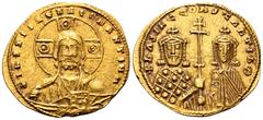 Byzantine Basil II, with Constantine VIII AV Histamenon Nomisma. Constantinople, AD 977-989. + IhS XIS REX REGNANTINM, facing bust of Christ Pantokrator; nimbus ornamented with pellets within circles 