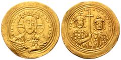 Byzantine Basil II , with Constantine VIII, AV Histamenon Nomisma. Constantinople, AD 1005-1025. +IhS XIS REX REGNANTINM, facing bust of Christ Pantokrator; crescents in upper quarters of nimbus / +bA