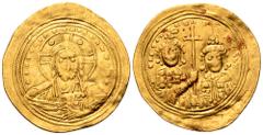 Byzantine Basil II , with Constantine VIII, AV Histamenon Nomisma. Constantinople, AD 1005-1025. +IhS XIS REX REGNANTINM, facing bust of Christ Pantokrator; crescents in upper quarters of nimbus / +bA