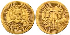 Byzantine Basil II , with Constantine VIII, AV Histamenon Nomisma. Constantinople, AD 1005-1025. +IhS XIS REX REGNANTINM, facing bust of Christ Pantokrator; crescents in upper quarters of nimbus / +bA