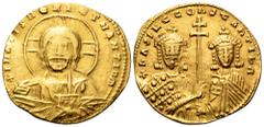 Byzantine Basil II, with Constantine VIII AV Histamenon Nomisma. Constantinople, AD 977-989. + IhS XIS REX REGNANTINM, facing bust of Christ Pantokrator; two pellets around circumference of nimbus / +