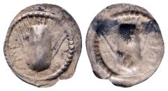 Lucania, Metapontion AR Hemiobol. Circa 530-510 BC. Ear of barley; ME to left; Incuse ear of barley. SNG ANS -; Noe -; Künker 97, 113 (correction: hemiobol). 0.16g, 11mm. Very Fine. Excessively Rare.