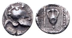 Asia Minor, uncertain mint AR Hemiobol or Tetartemorion. Circa 450 BC. Crested Corinthian helmet right / Amphora within rectangular linear and pellet border. Hauck & Aufhäuser 14, lot 76 (0.28 g); Gor