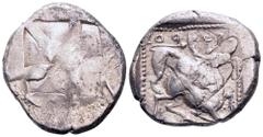 Cyprus, Kition AR Stater. Azbaal, circa 449-425 BC. [Herakles in fighting stance to right, wearing lion skin upon his back and tied around neck, holding club overhead in right hand and bow extended be