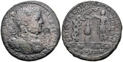 Caracalla Æ Medallion of Pergamum, Mysia. M. Caerelius Attalus, magistrate, AD 198-217. AVTO KPAT K MAPKOC AVP ANTΩNEINOC, laureate and cuirassed bust right, cuirass decorated with aegis; c/m: wreath 