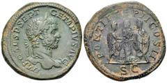 Geta Æ Sestertius. Rome, AD 210. IMP CAES P SEPT GETA PIVS AVG, laureate head of Geta to right, slight drapery on far shoulder / PONTIF TR P II COS II, Geta standing left and Caracalla standing right 