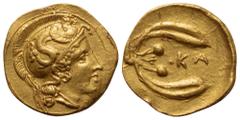 Greek Sicily, Kamarina AV Diobol. Emergency issue, circa 406/5 BC. Head of Athena right, wearing Attic helmet decorated with winged hippocamp / KA surrounded by olive sprig with two berries. Westermar