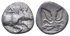 Greek Macedon, Dikaia AR Hemiobol(?). Circa 450-425/0 BC. Forepart of bull right / Octopus. Schönert-Geiss, Bisanthe -; SNG ANS -. 0.29g, 8mm, 9h. Very Fine. Extremely Rare. The Macedonian city of Dik