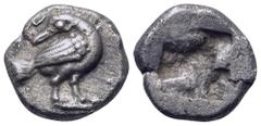 Greek Macedon, Eion AR Diobol. Circa 500 BC. Goose standing right, head reverted; lizard above / Incuse punch. SNG ANS 272-275; SNG Copenhagen 174. 1.07g, 9mm. Extremely Fine.