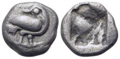 Greek Macedon, Eion AR Diobol. Circa 480-470 BC. Goose standing right, head left / Quadripartite incuse square. SNG ANS 270-272. 1.06g, 9mm. Very Fine.