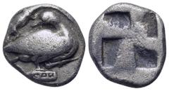 Greek Macedon, Eion AR Diobol. Circa 470-460 BC. Goose standing right, head left, on decorated base; lizard above, Θ to lower left / Quadripartite incuse square. AMNG III/2, p. 139, 37; SNG ANS 273-4.