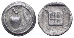 Greek Macedon, Terone AR Tetartemorion. Circa 480 BC. Crane right, standing left, resting foot on and putting beak in oinochoe / Quadripartite square, TEPO around, all within incuse square. Hardwick p