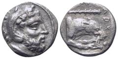 Greek Kingdom of Macedon, Archelaos AR Diobol. Aigai, circa 413-399 BC. Bearded head of Herakles right, wearing lion skin headdress / Forepart of wolf to right, devouring prey, APXE before, club above