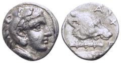 Greek Kingdom of Macedon, Archelaos AR Diobol. Aigai, circa 413-399 BC. Head of Herakles right, wearing lion skin headdress / Wolf's head right; club below, APXE to upper right; all within shallow inc