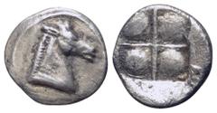 Greek Thraco-Macedonian Region, uncertain mint AR Hemiobol. 5th century BC. Head of horse right / Quadripartite incuse square. Cf. Tzamalis 91; SNG ANS 997. 0.23g, 7mm. Good Very Fine. Ex Gorny & Mosc