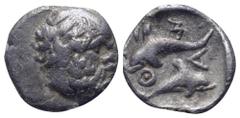 Greek Islands off Thrace, Thasos AR Hemiobol. Circa 411-404 BC. Head of satyr right, with full head of hair / Two dolphins swimming in opposite directions, ΘAΣI around; all within shallow incuse squar