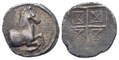 Greek Thrace, Trieros AR Hemiobol. Circa 450-400 BC. Forepart of a horse right / Quadripartite square with diagonally crossed squares in each quadrant. Klein 98; SNG Copenhagen 821. 0.20g, 7mm. Good V