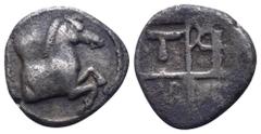 Greek Thrace, Trieros AR Hemiobol. Circa 450-400 BC. Forepart of a horse right / Quadripartite incuse square; T-P-H-I in quarters. SNG Copenhagen 821. 0.38g, 8mm. Very Fine.