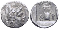 Greek Lycia, Phaselis AR Drachm. 190-168 BC. Laureate head of Apollo right / Lyre; hem-hem crown of Isis to left, torch to right, ΦAΣH[ΛI] above; all within incuse square. BMC 16. 2.31g, 14m, 12h. Goo