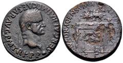 Roman Imperial Galba Æ As. Tarraco, struck late AD 68. SER GALBA IMP CAESAR AVG P M TR P P P, laureate head right, with globe at point of bust / QVADRAGENSVMA REM[ISSA], Triumphal arch surmounted by t