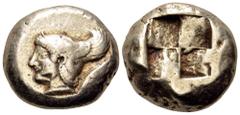 Greek Mysia, Kyzikos EL Stater. Circa 550-500 BC. Head of youthful Perseus to left wearing winged cap; tunny fish downwards behind / Quadripartite incuse square. Von Fritze 65, pl. II, 18; SNG France 