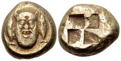 Greek Mysia, Kyzikos EL Stater. Circa 550-500 BC. Head of Silenos facing; two tunny fish upward to either side / Quadripartite incuse square. CNG 75, 23 May 2007, lot 336; cf. Von Fritze 77 (fractions