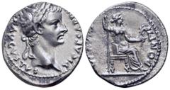 Roman Imperial Tiberius AR Denarius. Lugdunum, AD 36-37. TI CAESAR DIVI AVG F AVGVSTVS, laureate head right / PONTIF MAXIM, Livia (as Pax) seated right on throne with ornate legs, holding long sceptre