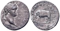 Roman Imperial Titus AR Denarius. Barbaric imitation(?). Uncertain mint, after AD 80. IMP TITVS CAES VESPASIAN AVG P M, laureate head right / TR P IX IM XV COS VIII P P (sic), elephant walking left. C