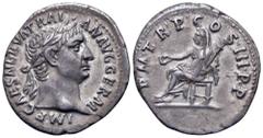 Roman Imperial Trajan AR Denarius. Rome, AD 100. IMP CAES NERVA TRAIAN AVG GERM, laureate head right / P M TR P COS III P P, Vesta seated left, holding patera and torch. RIC 40; RSC 214. 3.22g, 20mm, 