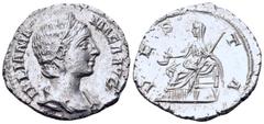 Roman Imperial Julia Mamaea AR Denarius. Rome, AD 228 (?). IVLIA MAMAEA AVG, draped bust right, wearing stephane / VESTA, Vesta seated left, holding sceptre and simpulum. Unpublished in the standard r