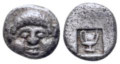 Greek Thraco-Macedonian Region AR Hemiobol. Uncertain mint, 5th century BC. Facing gorgoneion / Kantharos in incuse square. Tzamalis -; SNG ANS -; Klein 154 (Neapolis). 0.44g, 7mm, 3h. Very Fine. From
